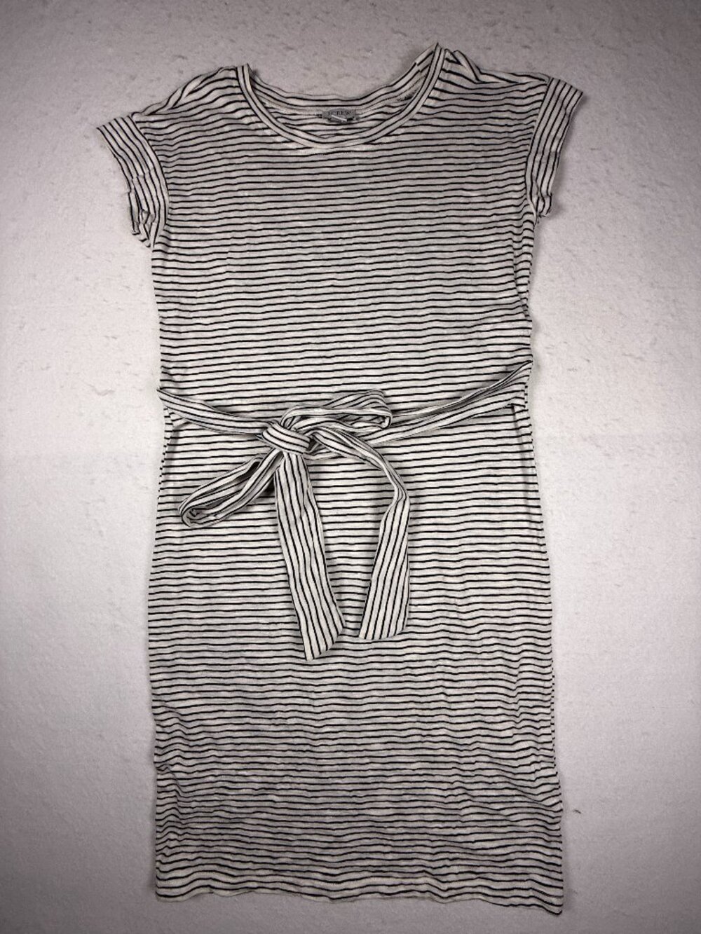 J Crew Tie-Waist T-Shirt Dress Women’s XXS White Striped Sleeveles 100% Cotton